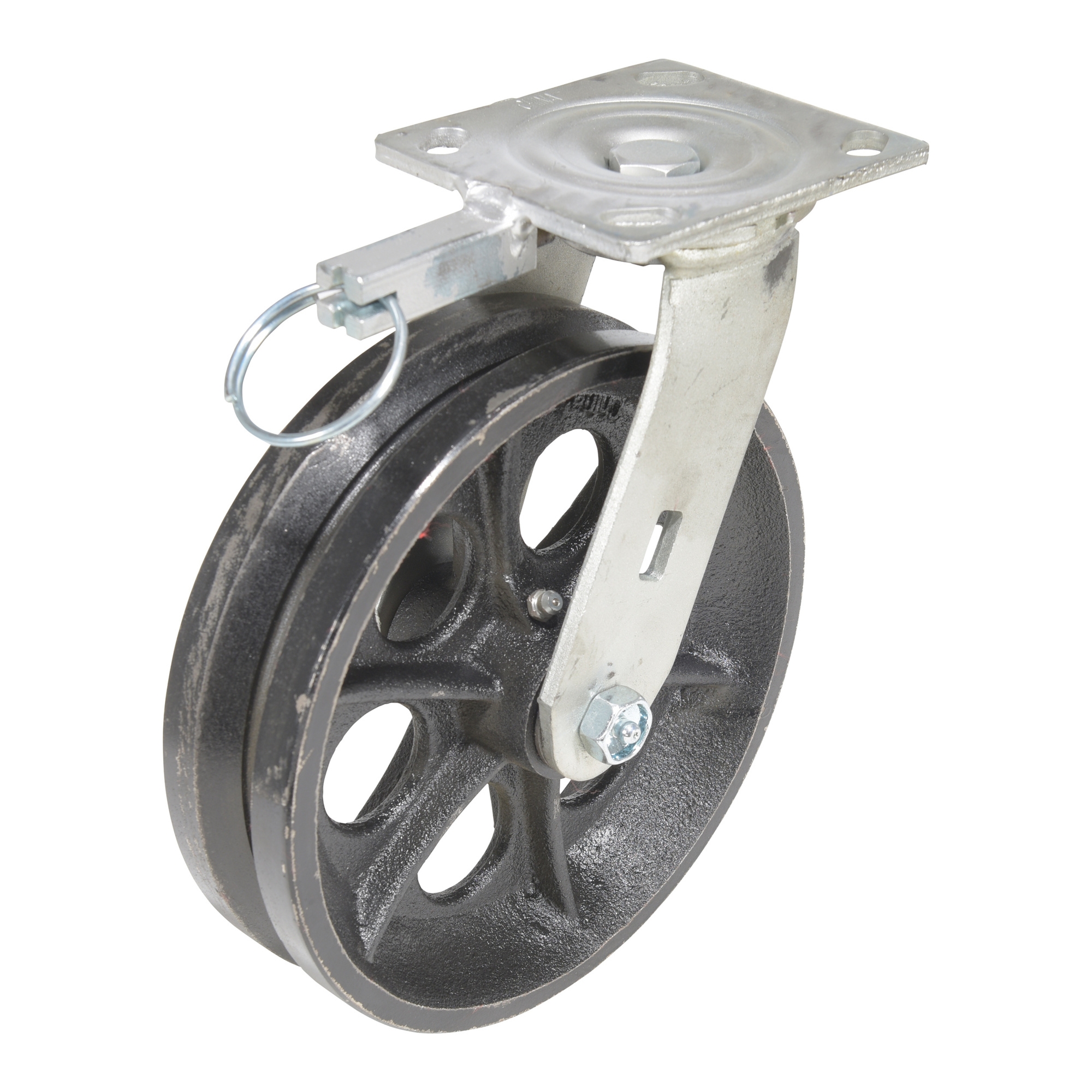 Vestil Ductile V-Groove Swivel Caster with 4-Position Lock - 8in. Wheel, Zinc Finish, Model# CST-CI-VG-8X2-S-4L
